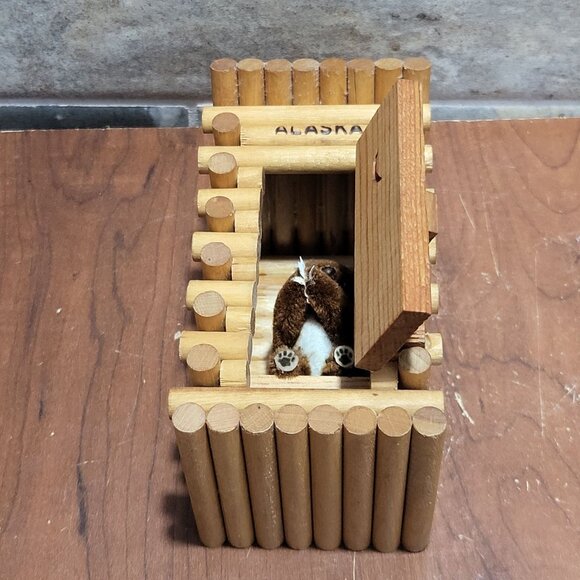 Mini Brown Bear Plush Inside Log Watch Tower Alaska Souvenir - Picture 2 of 12